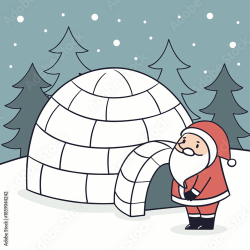 a whimsical illustration depicts santa claus peeking out from the entrance of a snow igloo amidst a softly falling winter