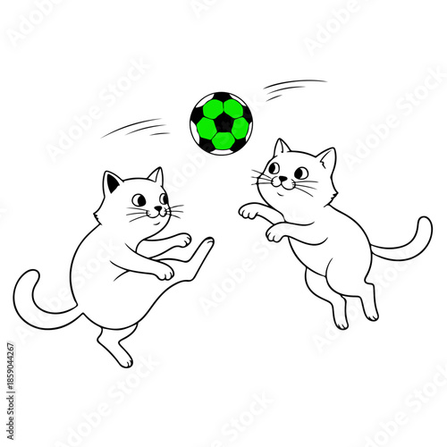 Two cartoon cats playfully kicking a soccer ball back and forth in a simple, clean line drawing illustration, showcasing feline agility and a fun, active moment