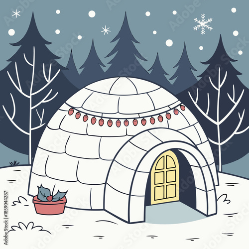 a charming illustration depicts a snow covered igloo adorned with festive lights and surrounded by winter trees and falling snow