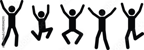 Stick figure people jumping icons set, happy human pictogram actions, black silhouette characters, simple minimal design, celebration symbols, infographic elements