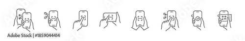 Mobile qr code scanning linear icon set of hand holding smartphone with qr code scanner and qr code on screen for payment or access control isolated on white background vector illustration