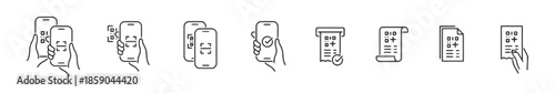 Mobile qr code document scanning linear icon set of hand holding smartphone with qr code scanner and document on screen for payment or access control isolated on white background vector illustration