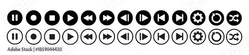 Media Player Control Icons Set for Audio Video Playback Pause Stop Rewind Forward Settings Loop Shuffle and Repeat Options in Solid and Outline Styles for Web and App Design