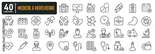 Medical and healthcare line icons representing diverse aspects of patient care diagnostics pharmaceuticals and overall well being essential for health related projects
