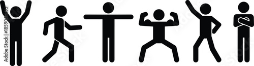 Human action fitness and gesture icons set silhouette, people body movement exercise symbols, black minimal flat design illustration