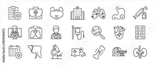Medicine and Healthcare Thin Line Icons Set Medical Insurance First Aid Kit Face Mask Hospital Building Lungs Stomach Syringe Doctor Patient
