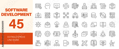 Mega Set Software Development Editable Stroke Line Icons Program Coding Database Testing and Digital Technologies Vector Isolated on Background