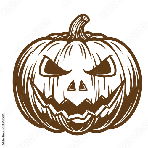 Vintage Brown and white illustration of a carved pumpkin with a spooky face on transparent background
