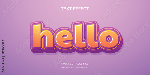 Hello greeting in shiny 3d orange letters on purple background