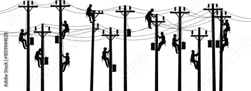 Silhouette vector of linemen on utility poles, high-voltage power line maintenance, workers with safety harnesses, electrical infrastructure repair, industrial utility teamwork