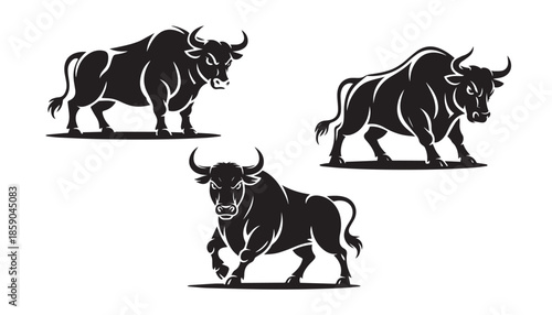 black color bull set silhouette vector illustration, solid white background