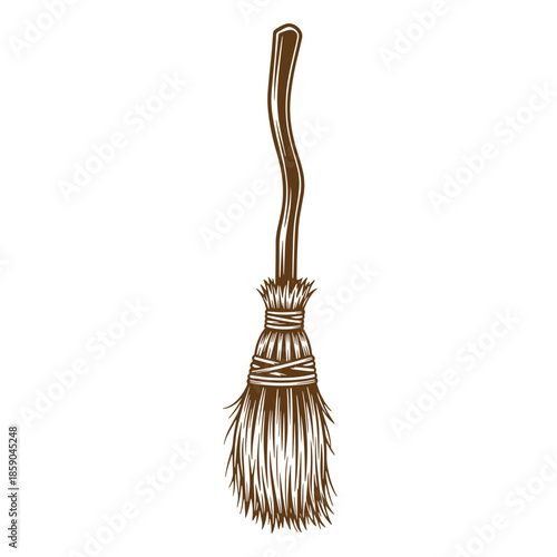 Vintage brown broom with long handle and bristles isolated on white background