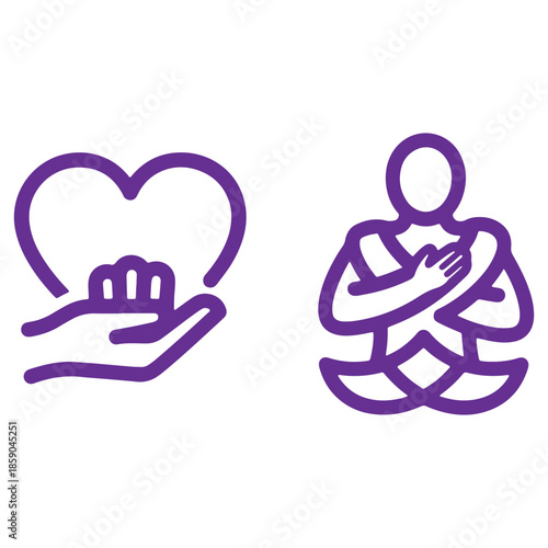 Purple icons depicting care and support including a hand holding a heart and a person hugging themselves