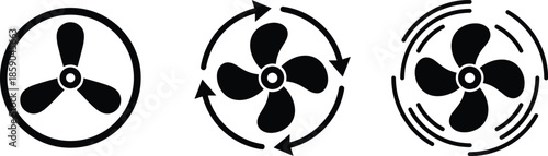 Fan rotation icons set, airflow ventilation spinning symbols, cooling direction indicators isolated on white background black vector illustration