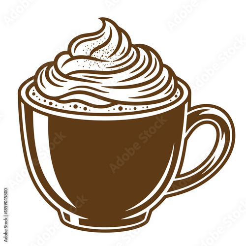 Vintage brown coffee mug with whipped cream on top isolated on white background