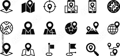 Solid Black Vector Icon Set Featuring Geospatial Navigation Map Pins Tactical Position Tracking Mobile GPS and Global Waypoint Indicators