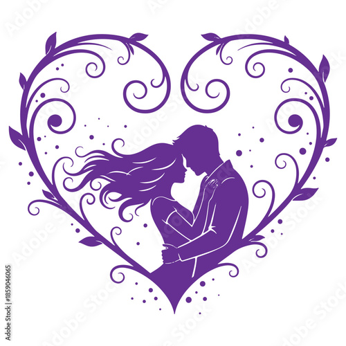 Romantic Couple Silhouette in Heart Shape with Floral Designs Love Artwork