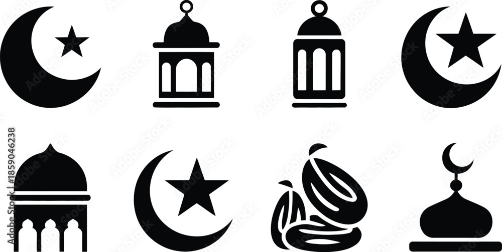 Fototapeta premium Islamic Symbols and Moon, Star, Mosque, Lanterns, Dates