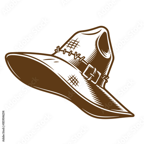 Vintage brown cowboy hat with leather band and buckle on transparent background