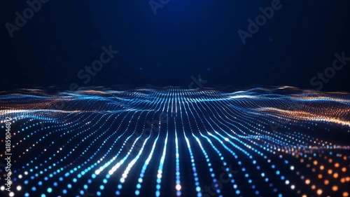 Abstract digital wave pattern of glowing particles in dark blue background image photo