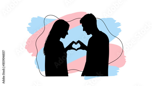 Couple Silhouette Making Heart Shape with Hands, Symbol of Love and Relationship