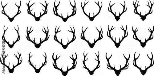 Set of various black reindeer antler silhouettes on a white background