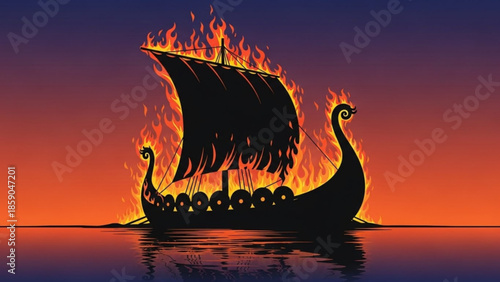 Viking longboat on fire at sunset with flames engulfing the vessel and reflecting on the water