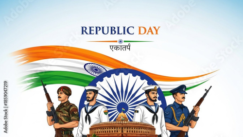Republic day india celebration with soldiers and national flag
