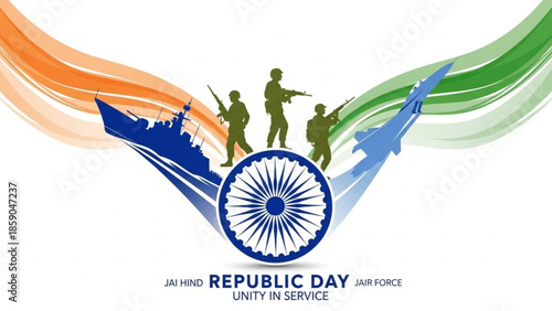 Indian republic day celebration with soldiers, ship, and jet, symbolizing unity in service