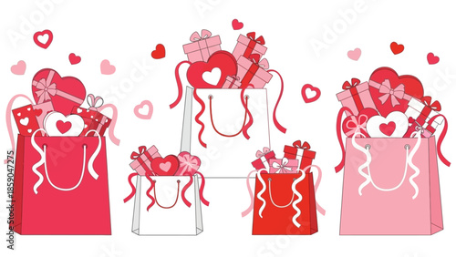 Valentine's Day Gifts Charming Illustrations of Bags Bursting with Presents and Hearts