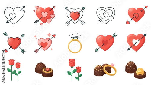 Valentine's Day Icon Set Hearts, Roses, Chocolate, and Rings for Romantic Celebrations