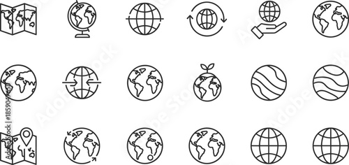 Outline Vector Icon Set Featuring Global Maps Earth Globes Planetary Data and Environmental World Icons for International Design