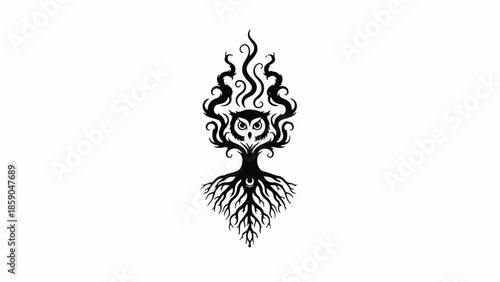 Mystical owl perched on a fiery tree with roots, symbolizing wisdom and nature's power.