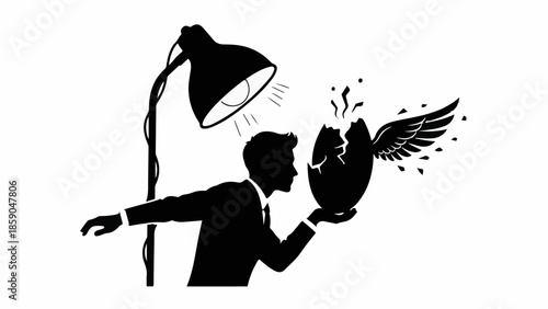 Businessman discovering a new idea hatching from an egg under a lamp