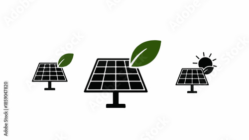 Clean energy concept with solar panels and green leaves symbolizing sustainability