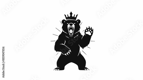 Fierce bear wearing a crown, roaring with paw raised in a powerful stance.