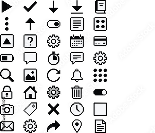 Pixel ui icon set, interface app system symbols, arrows settings notification basic controls flat black vector collection