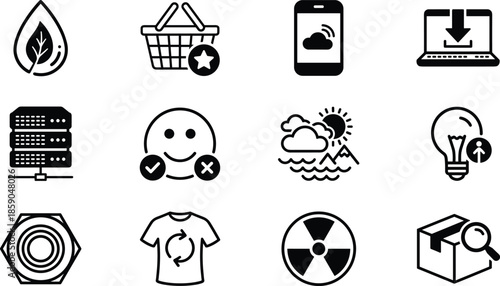Technology ecommerce icon set, cloud data sustainability digital service symbols, download recycle security flat black vector collection