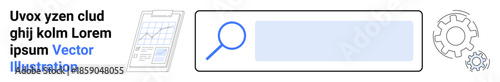 Digital search, online tools, website design, data analysis, user interface, search optimization. Magnifying glass, search bar chart and gears. Search optimization and digital tools theme