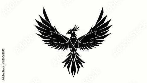 Majestic black phoenix with outstretched wings against a clean white background, symbolizing rebirth and power.