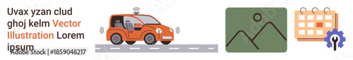 Autonomous vehicles, image sharing, scheduling, innovation, machine learning, connectivity. Self-driving car, photo icon calendar with gear. Autonomous vehicles and image sharing concept