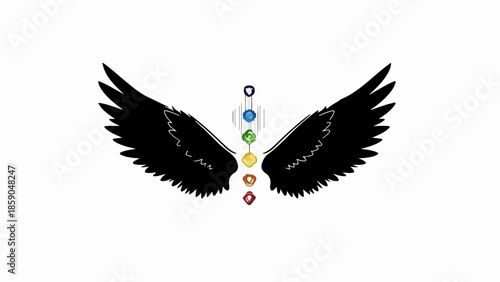 Black angel wings adorned with colorful chakra symbols symbolizing spiritual balance and energy