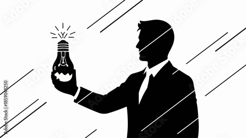Silhouette of a businessman holding a glowing lightbulb, symbolizing a brilliant idea or innovation.