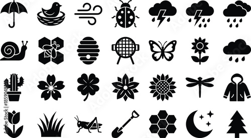 Nature weather icon set, plants insects seasons ecology symbols, rain wind flowers animals flat black vector collection