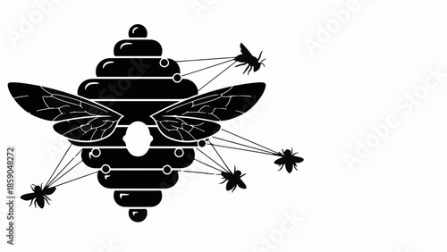 Stylized beehive with bees and wings, representing nature, community, and connection.