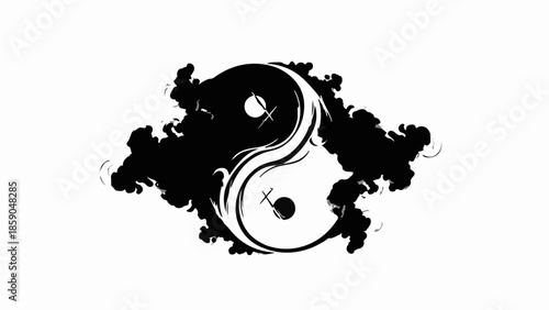 Harmonious balance of light and shadow represented by a Yin Yang symbol surrounded by swirling smoke.