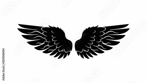 Symbolic black angel wings spread wide against a clean white background, representing freedom and aspiration.