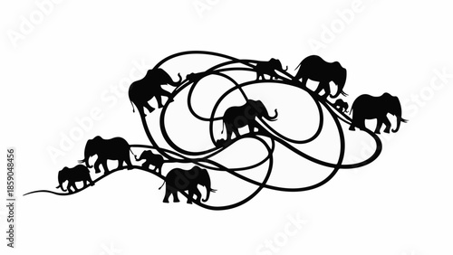 Silhouette of a family of elephants moving together across a flowing, abstract path