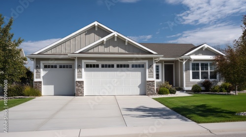 A symmetrical suburban residence with double garage manicured lawns and neutral siding Afternoon sunlight casts crisp shadows across