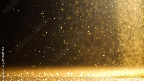 Magical Golden Glitter Dust Particles Falling on Reflective Surface with Dramatic Light